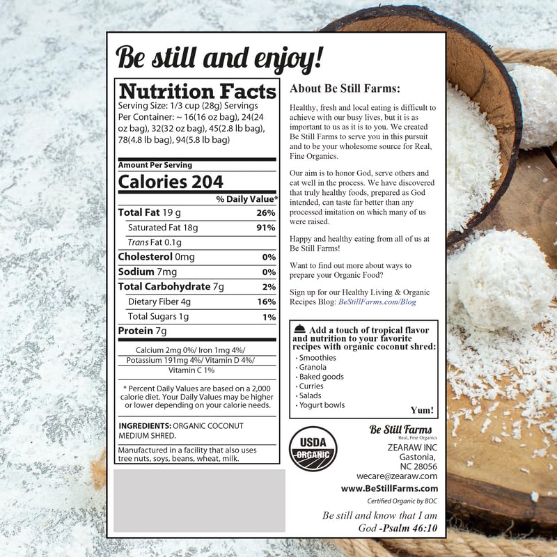 Be Still Farms Organic Shredded Coconut Unsweetened (2.8 lb) - Medium Grated Desiccated Coconut Flakes - | Not Toasted | Non-GMO