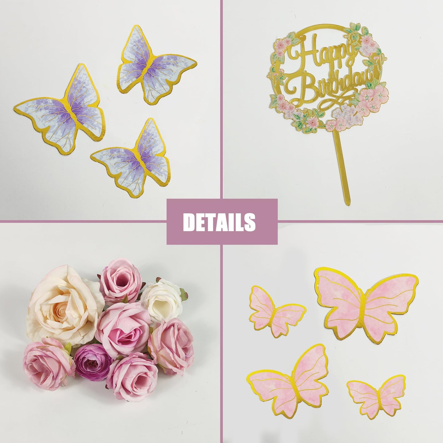 Drwate 28Pcs Butterfly Cake Topper Butterfly Cake Decorations With Artificial Flowers For Women Girls Birthday Anniversary Party
