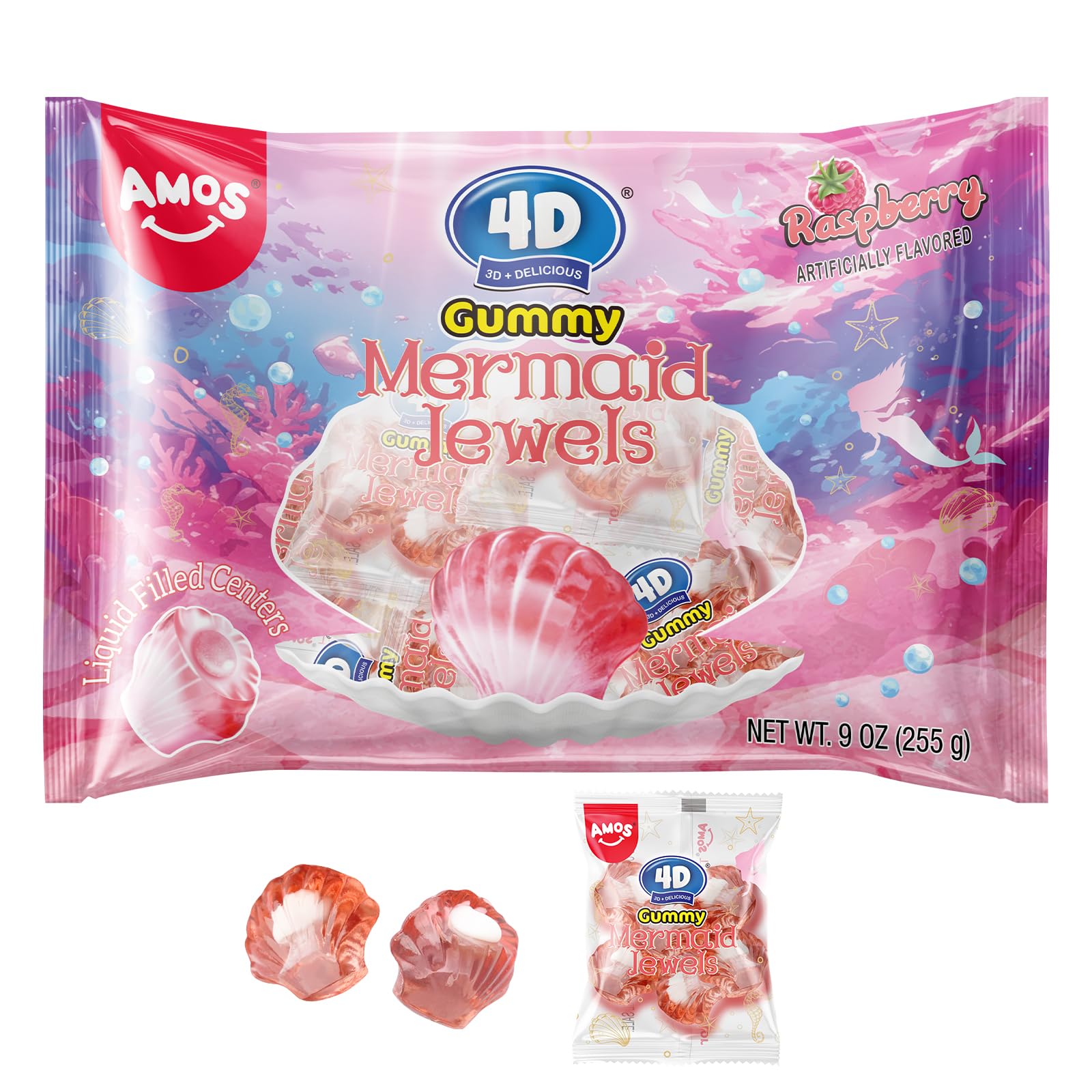 Amos 4D Gummy Candy Mermaid Jewels Fruity Filled, Soft Center Jelly-filled Seashell Candy, Raspberry Flavor (9oz Pack) pink