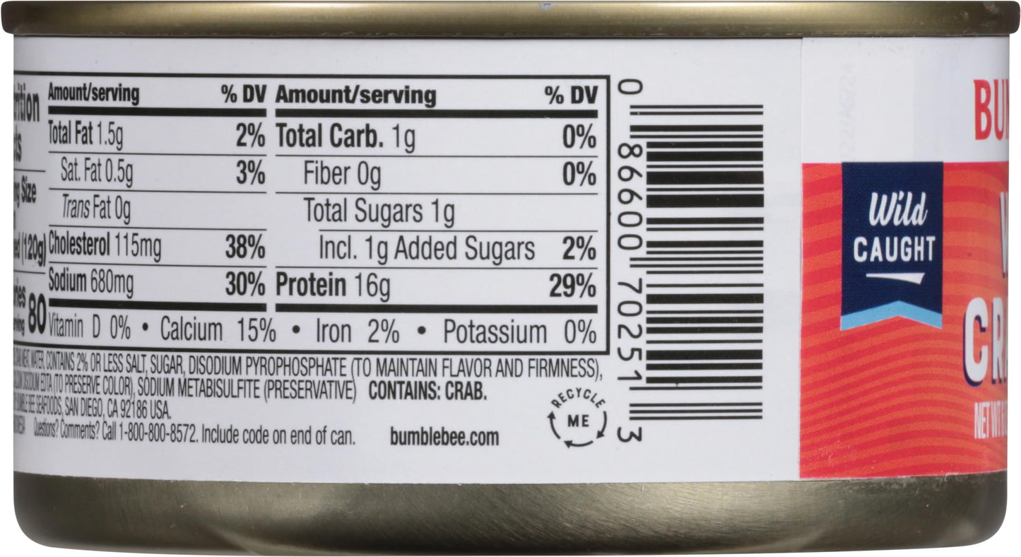 Bumble Bee White Flake Crab Meat in Water, 6 oz Can - 16g Protein & 1g Carb Per Serving - Wild Caught, Flaky, Drain Before Use