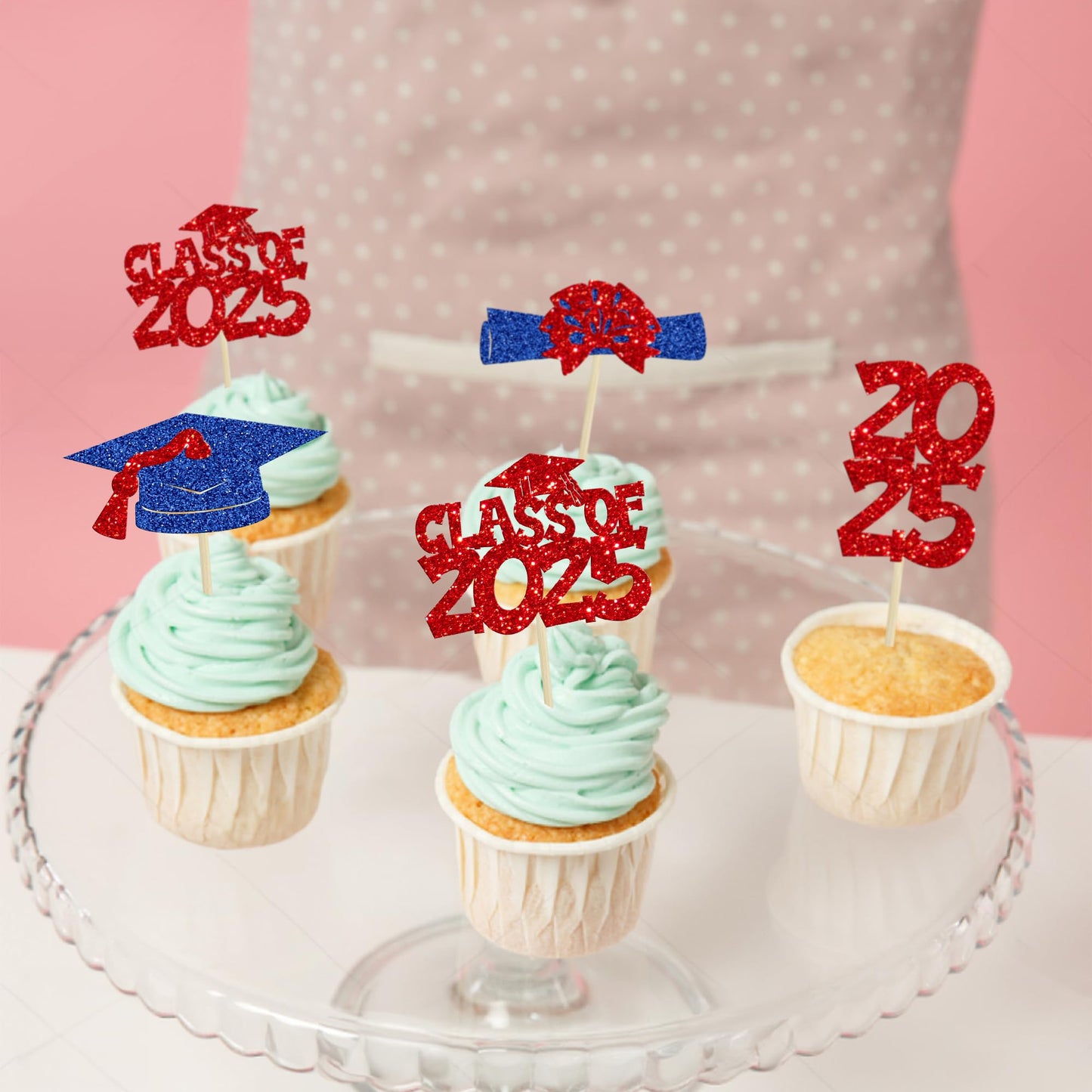 Ephlyn Graduation Cupcake Toppers, 36 Pcs, Glitter, Class of 2025, Red Blue, Cake Decorations for Graduation Theme Party