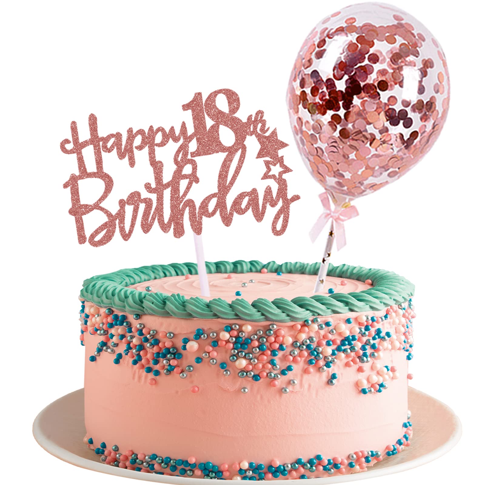 Iealods 18Th Happy Birthday Cake Topper, Rose Gold Glitter 18Th Birthday Cake Topper With Balloon Cake Topper For Girl Birthday