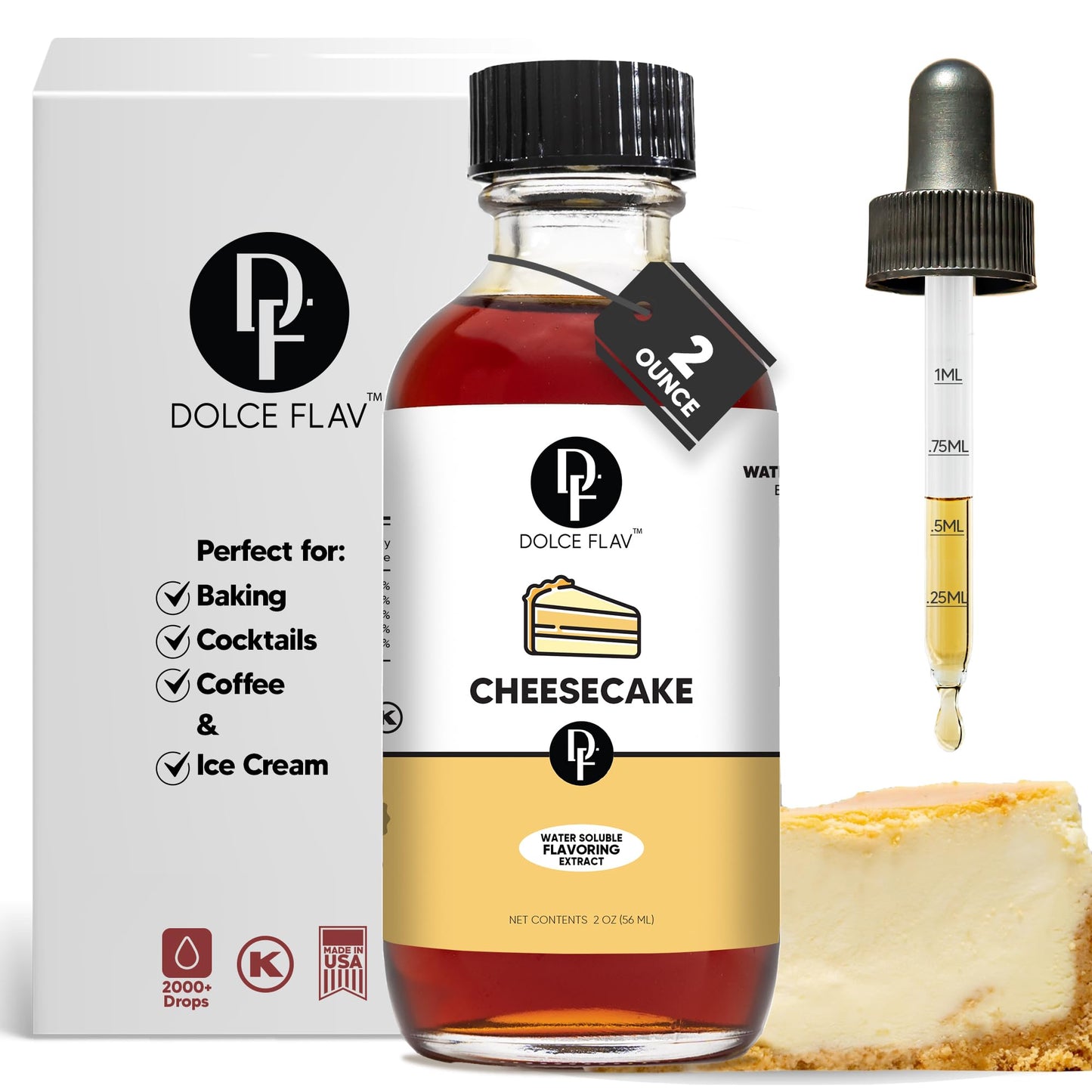 Dolce Flav Cheesecake Extract 2 oz - Kosher, Sugar-Free, Concentrated Creamy Flavor for Desserts, Frostings & Pastries, Includes