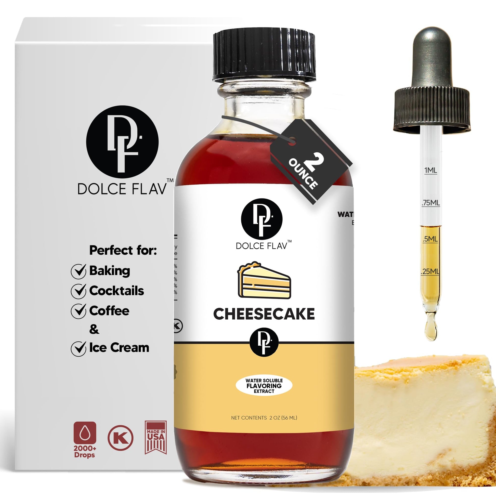 Dolce Flav Cheesecake Extract 2 oz - Kosher, Sugar-Free, Concentrated Creamy Flavor for Desserts, Frostings & Pastries, Includes