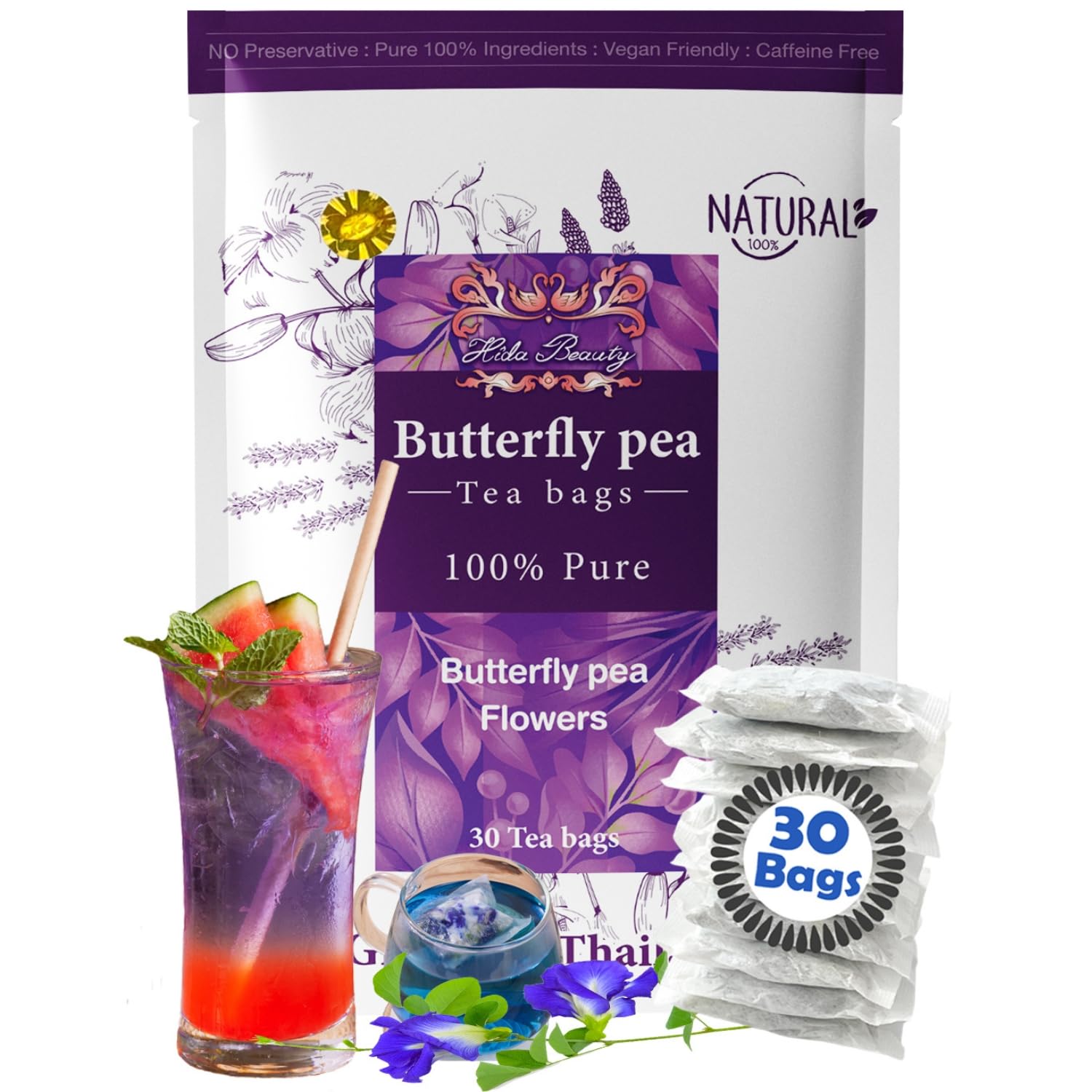 Hida Beauty Butterfly Pea Flower Tea - 30 Teabags, Herbal, Blue Color, Perfect for Drinks and Baking