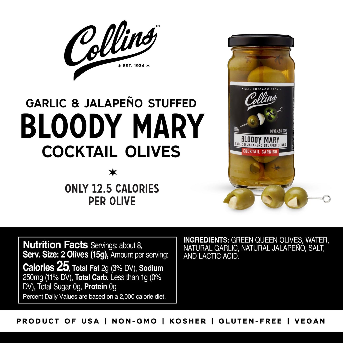 Collins Jalapeno Garlic Stuffed Cocktail Olives, Gourmet Martini Garnish, 4.5 oz, Model 6128