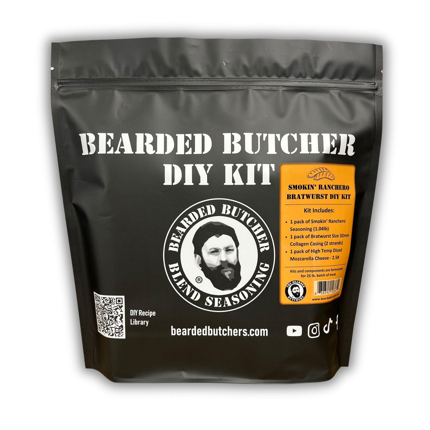 BEARDED BUTCHER BLEND SEASONING Smokin Ranchero Bratwurst DIY Kit - Includes Seasoning, Mozzarella Cheese, Collagen Casings for 25 lbs Meat