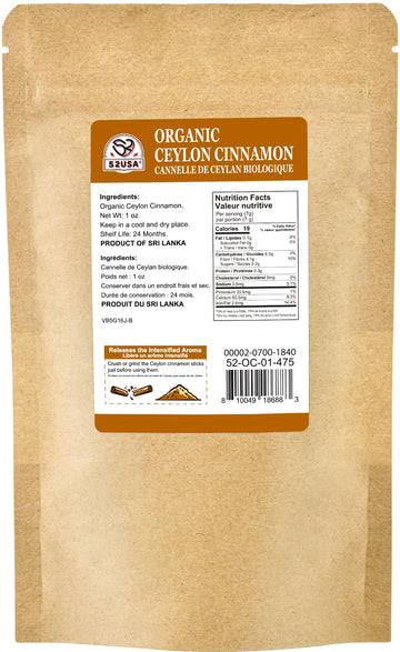 52USA Organic Ceylon Cinnamon Sticks, Whole Cinnamon Sticks, 1 Ounce, Vegan, Non-GMO, True Cinnamon from Sri Lanka