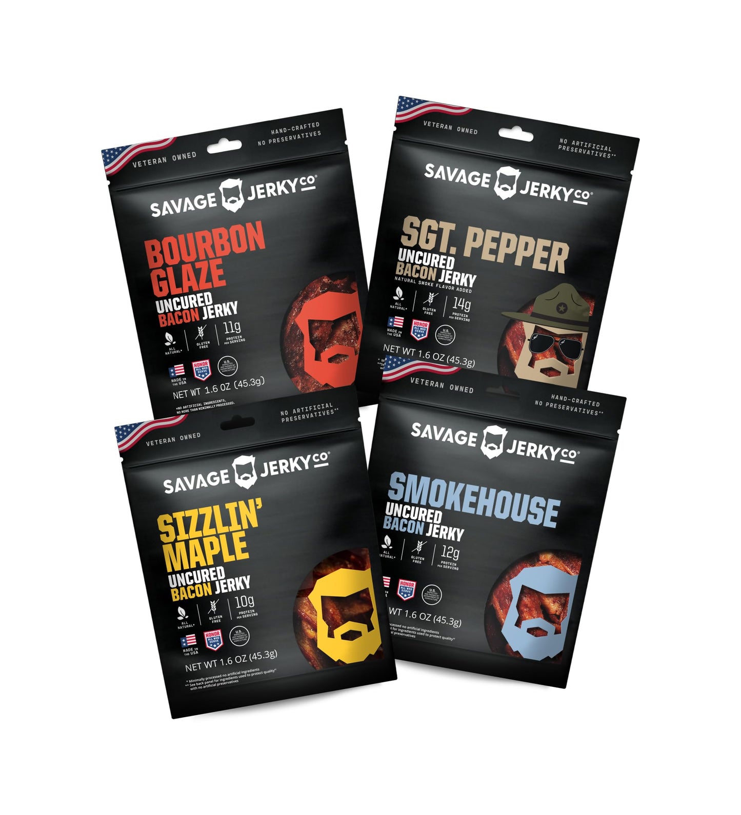 SAVAGE Bacon Jerky Variety - Sizzlin Maple  spirit-inspired flavor Glaze  Smokehouse  Sgt. Pepper (Pack of 4) - Gluten Free  High Protein  Low Calorie