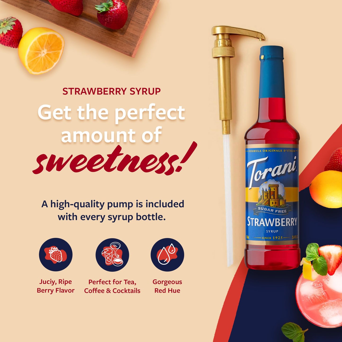 Torani Sugar Free Syrup, Strawberry, Zero-Calorie Flavoring For Drinks, Pump Included, 25.4 Oz