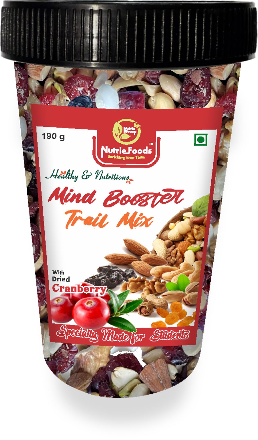 Nutriefoods Nutritious Mind Booster Roasted Snack Trail Mix | Blend of Dried Fruits & Nuts | In Reusable Plastic Glass (With Dri
