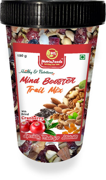 Nutriefoods Nutritious Mind Booster Roasted Snack Trail Mix | Blend of Dried Fruits & Nuts | In Reusable Plastic Glass (With Dri