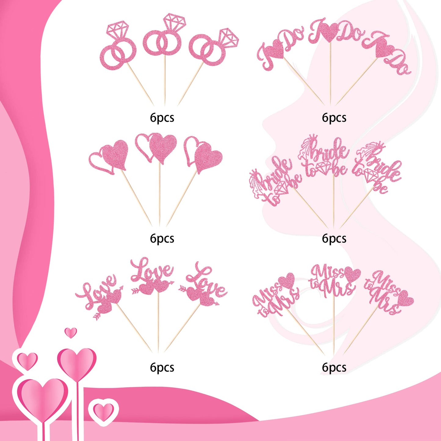 YCTHUNFISH 36 Pack Bridal Shower Cupcake Toppers - Glitter Diamond Ring Picks, Paper, Pink