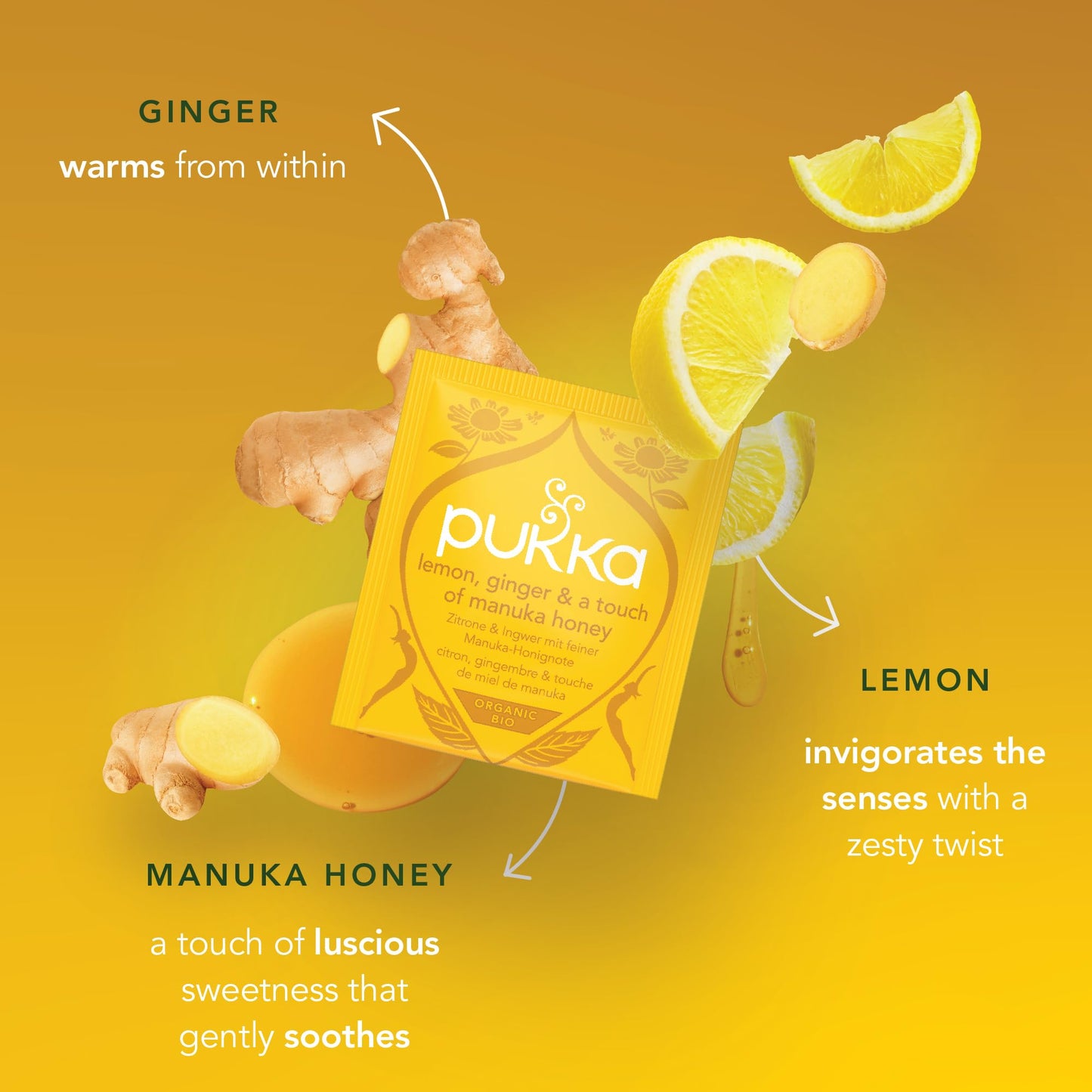 Pukka Herbal Tea - Organic Lemon, Ginger & Manuka Honey, Caffeine Free, 80 Tea Bags (4 Packs of 20)