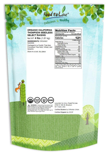 Food To Live California Organic Raisins, 4 Pounds - Thompson Seedless Select, Sun-Dried, Non-Gmo, Kosher, Unsulphured, Bulk, No