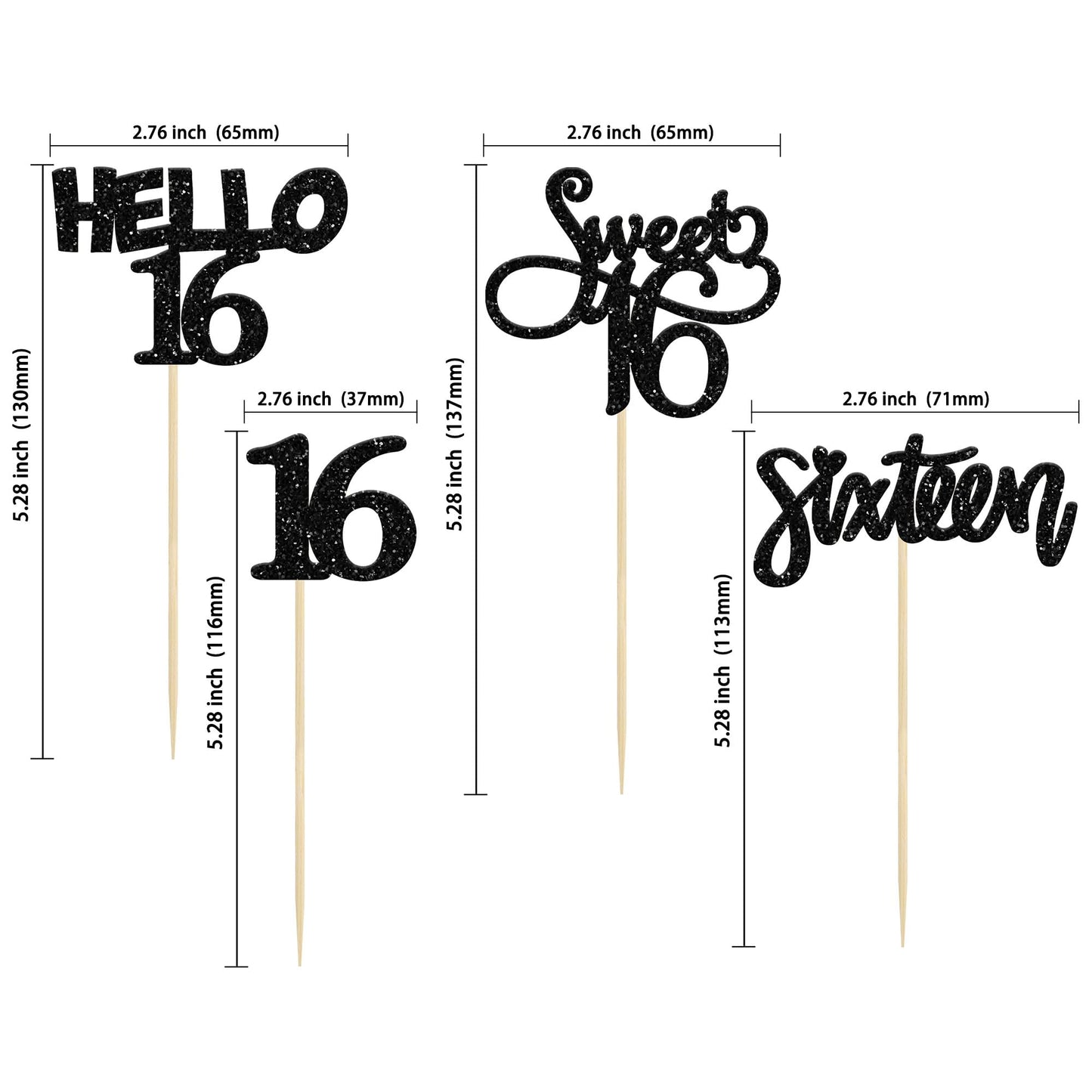 Gyufise 24Pcs Black Glitter 16Th Birthday Cupcake Toppers Sweet 16 Cake Toppers Hello 16 Sixteen Cupcake Picks For 16Th Birthday