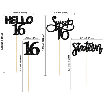 Gyufise 24Pcs Black Glitter 16Th Birthday Cupcake Toppers Sweet 16 Cake Toppers Hello 16 Sixteen Cupcake Picks For 16Th Birthday