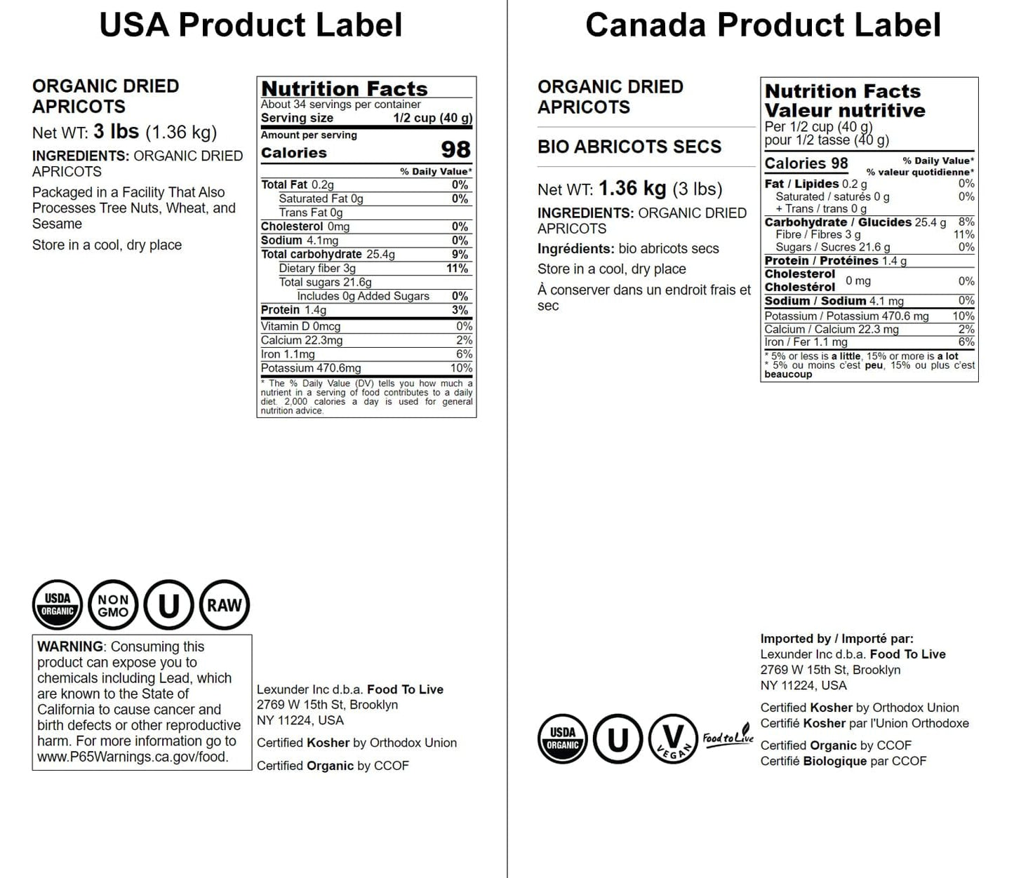 Food to Live Organic Dried Apricots, 3 Pounds - Non-GMO, Kosher, Unsulfured, Raw, Vegan, Bulk