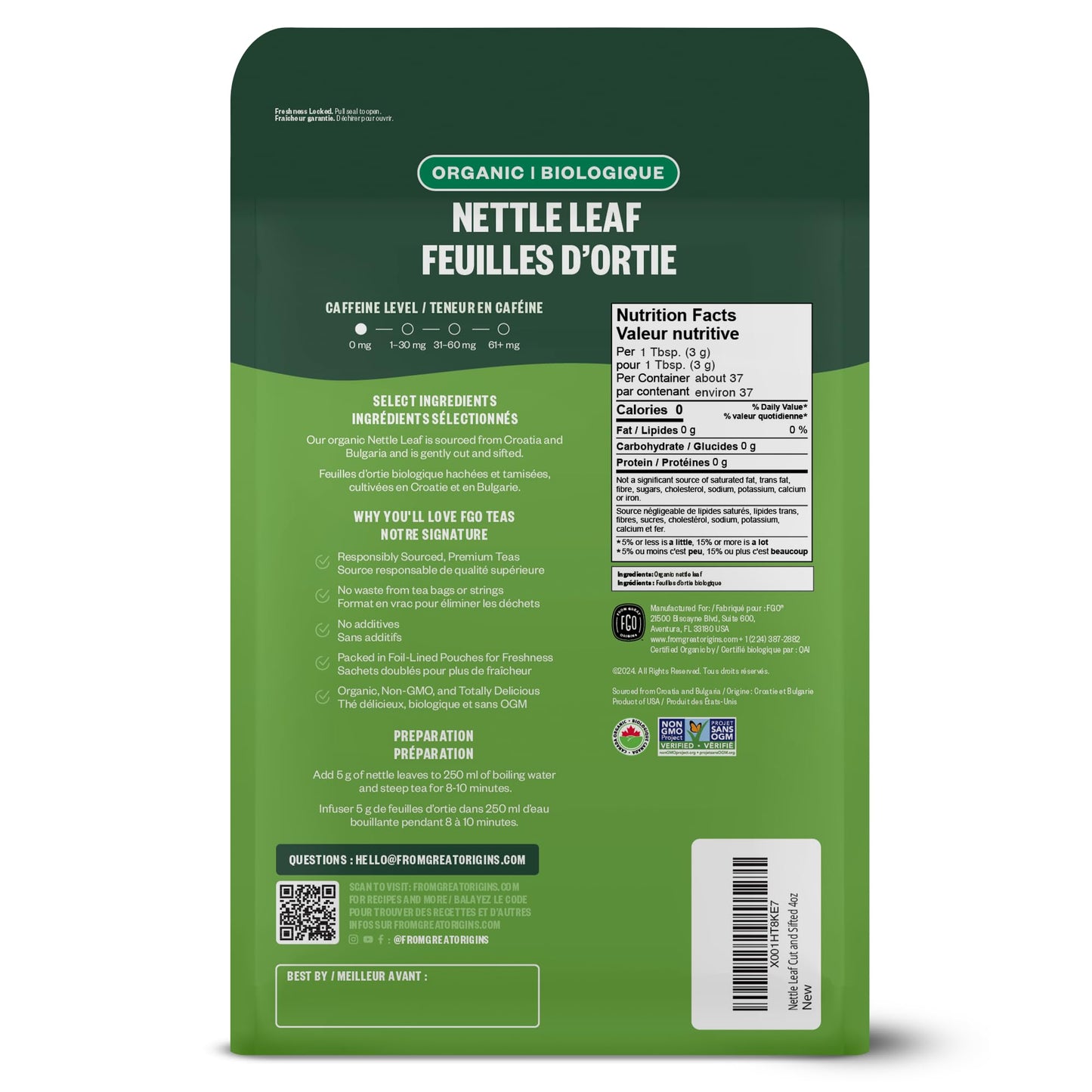 FGO Organic Nettle Leaf Loose Tea, 4oz Resealable Kraft Bag, Pack of 1