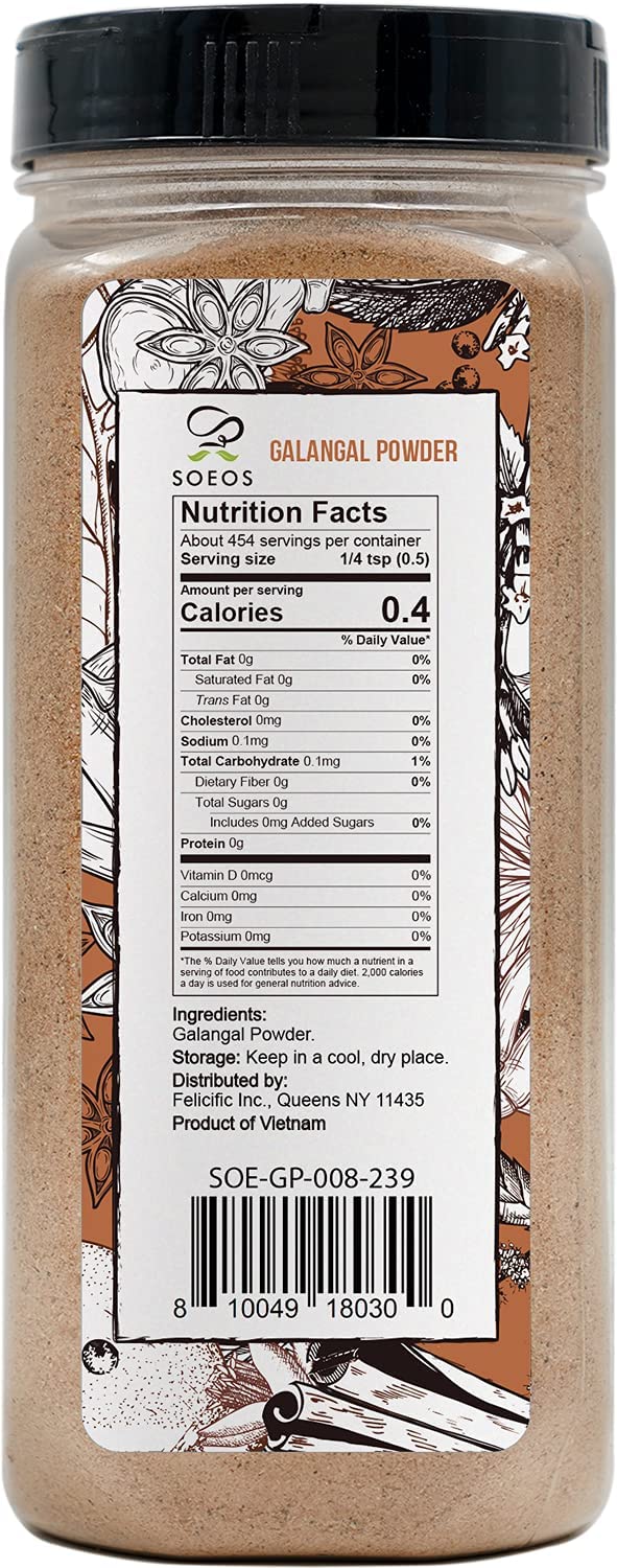 Soeos Galangal Powder 8 Oz, Ground Galangal, Alpinia Galanga, Non-Gmo, Kosher, Galangal Ginger Powder For Thai Soup, Tom Yum Soup, And Tea
