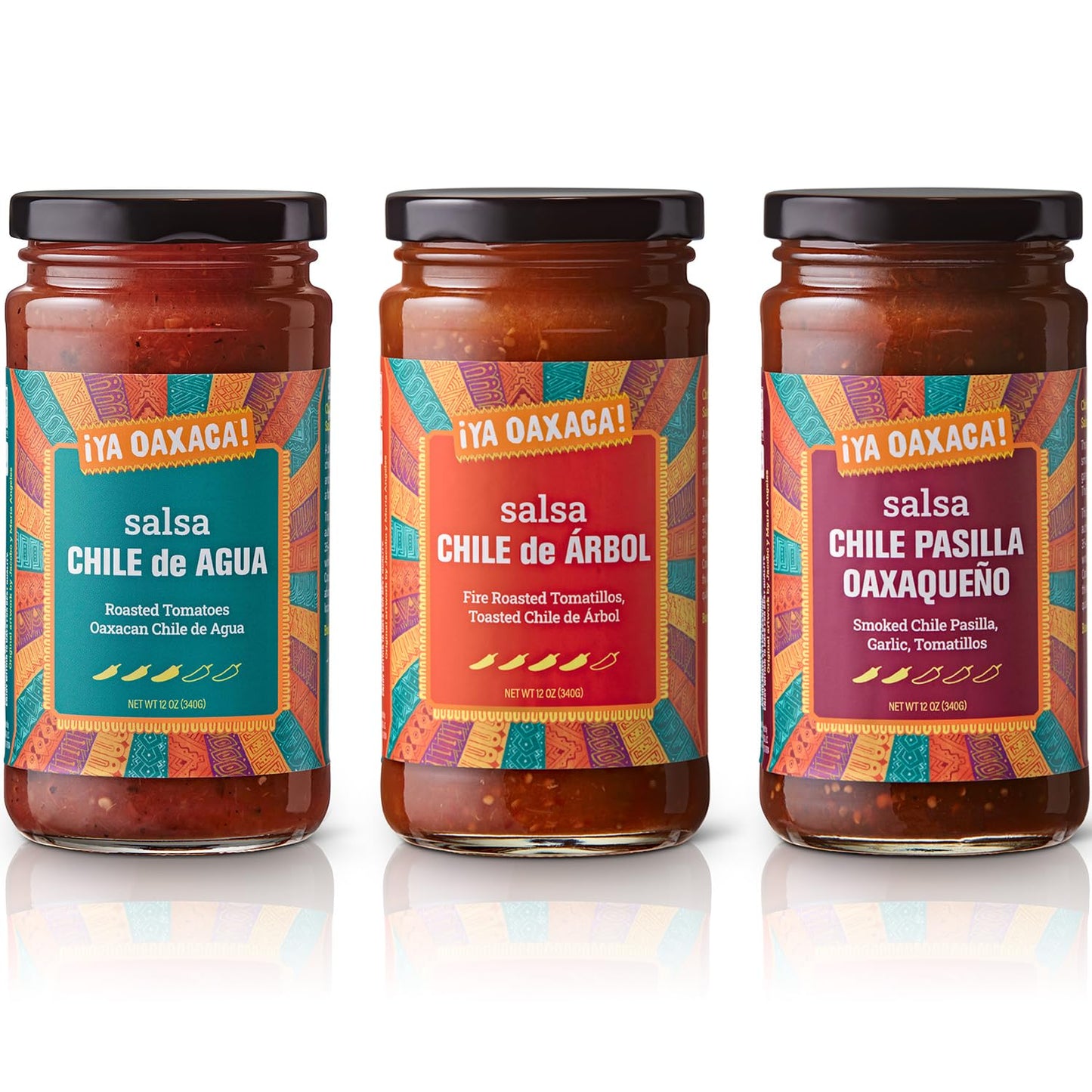 Ya Oaxaca Salsa Variety Pack - Gluten Free, Non-GMO, Vegan - Includes Salsa Pasilla, Arbol, & Agua - 12 Ounces (Pack of 3)