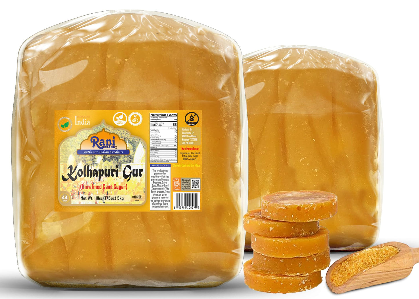 Rani Kolhapuri Gur (Jaggery) 5kg (11lbs) ~ Unrefined Cane Sugar, No Color added, Gluten Friendly | Vegan | NON-GMO | No Salt or