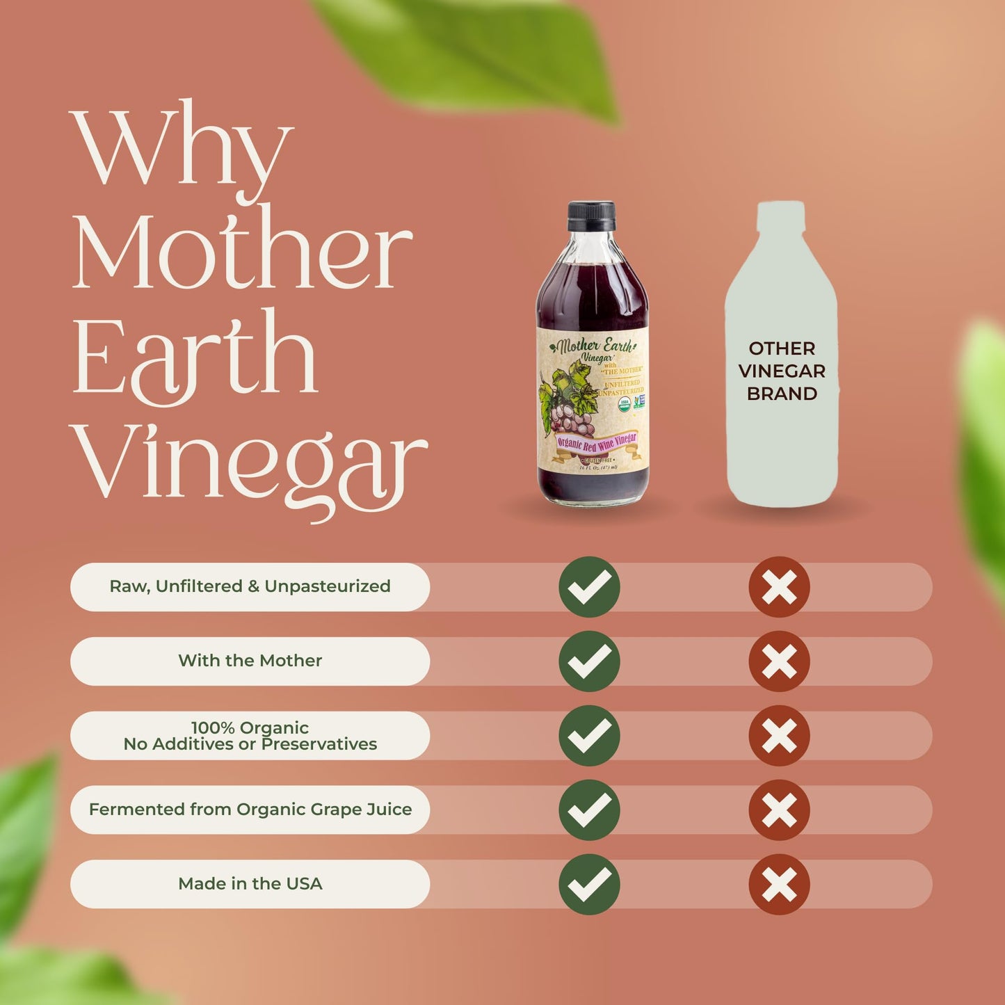 Mother Earth Vinegar Organic Red Wine Vinegar, Unfiltered & Unpasteurized, 16 Fl Oz Glass Bottle