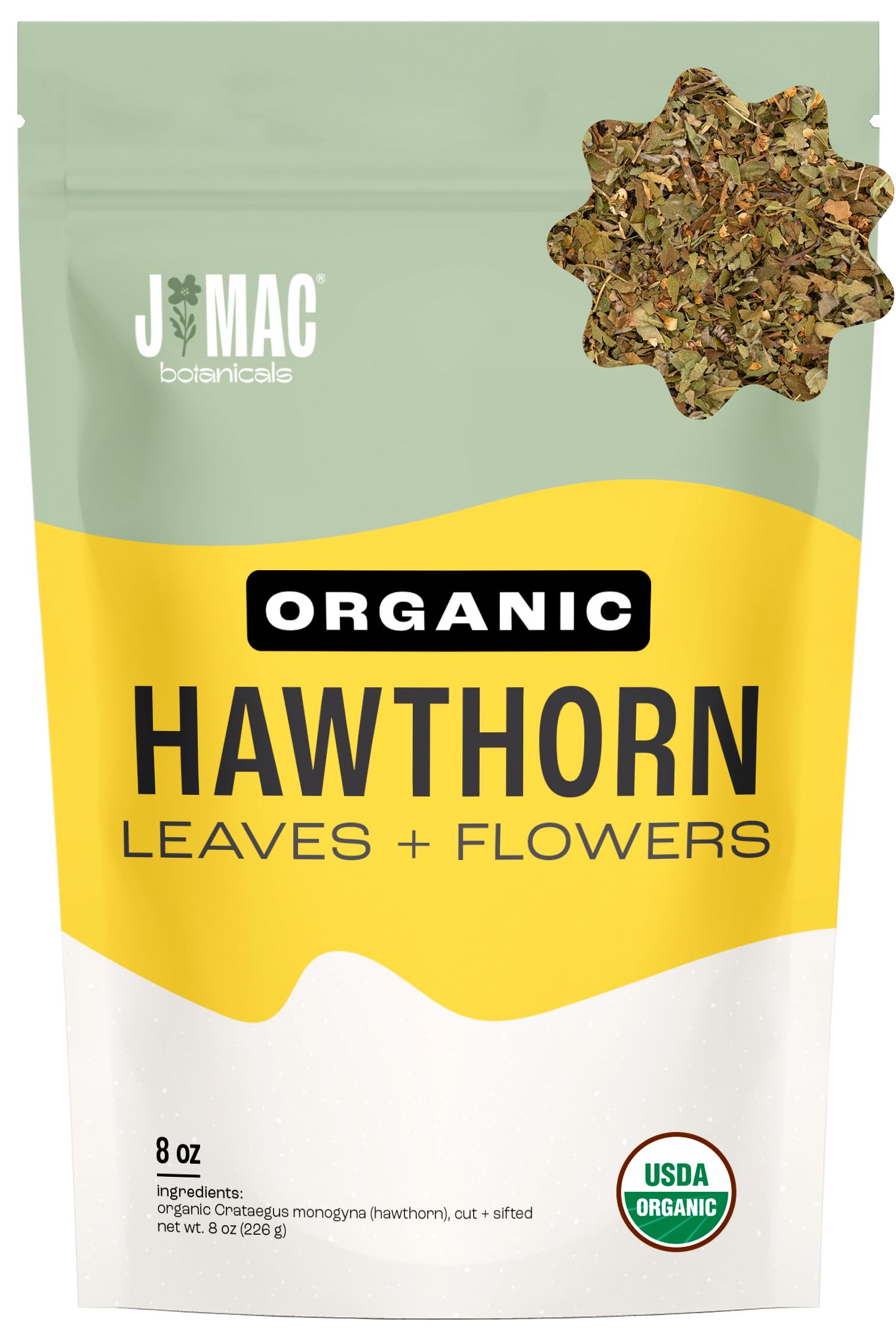 J MAC BOTANICALS Organic Hawthorn Leaves and Flower Tea, 8 oz Dried Herbal Tea