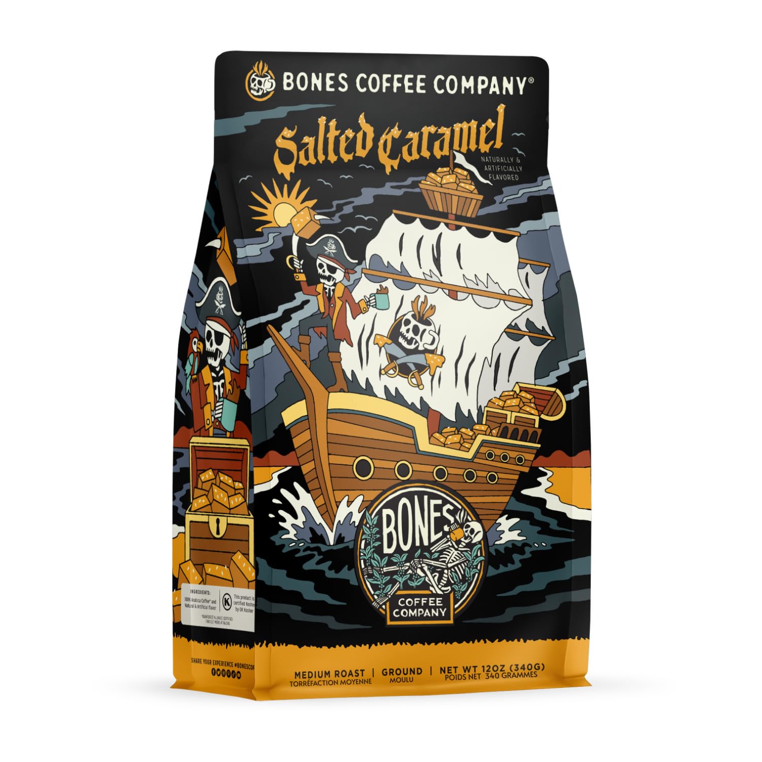 Bones Coffee Company Salted Caramel Flavored Coffee, Medium Roast Low Acid Arabica Beans Compatible with Auto drip and French Pr