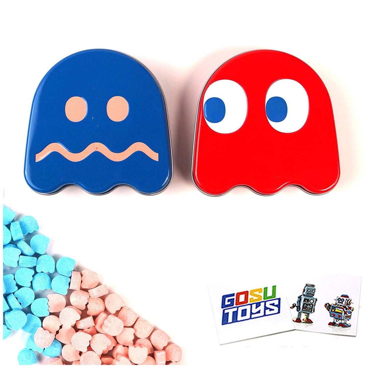 Pacman Ghost Sours (2 Pack) Cherry and Blue Raspberry Ghost Shaped Candies with 2 GosuToys Stickers