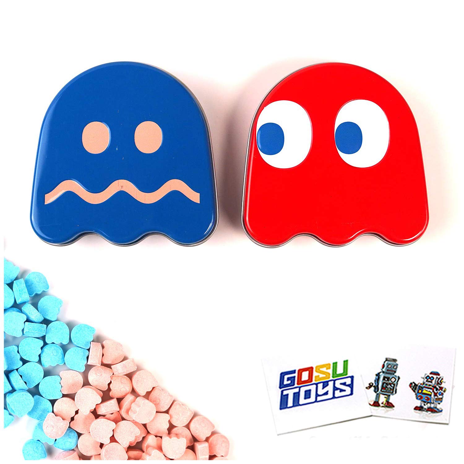 Pacman Ghost Sours (2 Pack) Cherry and Blue Raspberry Ghost Shaped Candies with 2 GosuToys Stickers