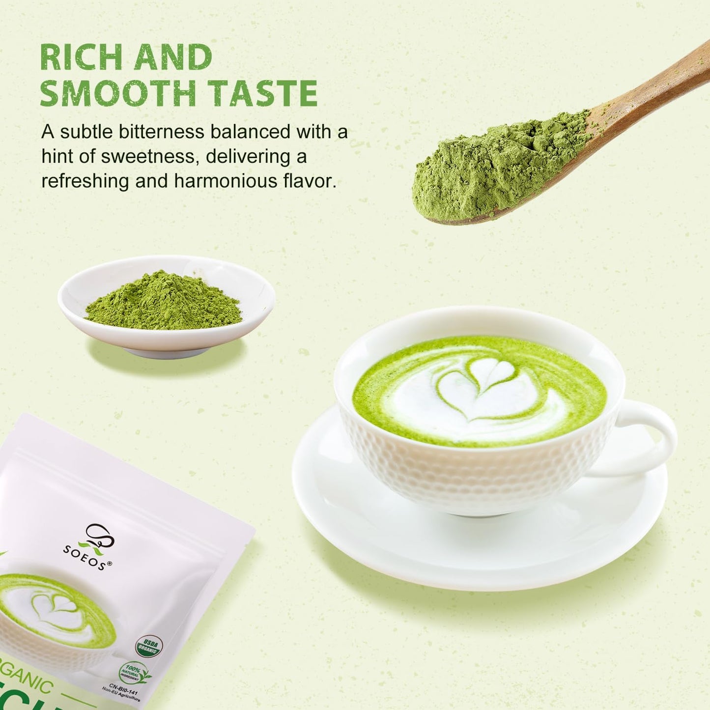 Soeos Organic Matcha Powder  Matcha Green Tea Powder  2 oz (57g)  Antioxidant-Rich Japanese Matcha for Lattes  Smoothies and Baking  Recyclable Bags