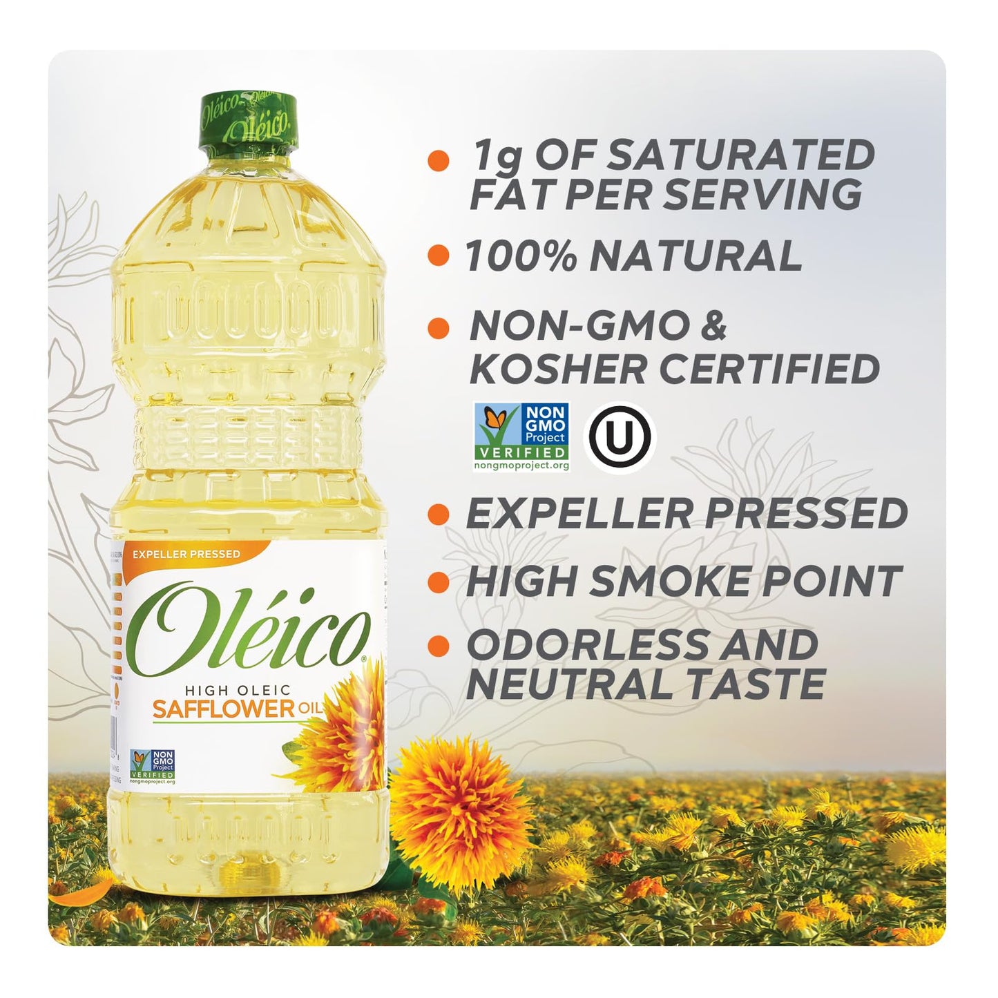Oleico Safflower Oil - High Oleic, Non-GMO, Kosher, Expeller Pressed - 32.3 fl oz