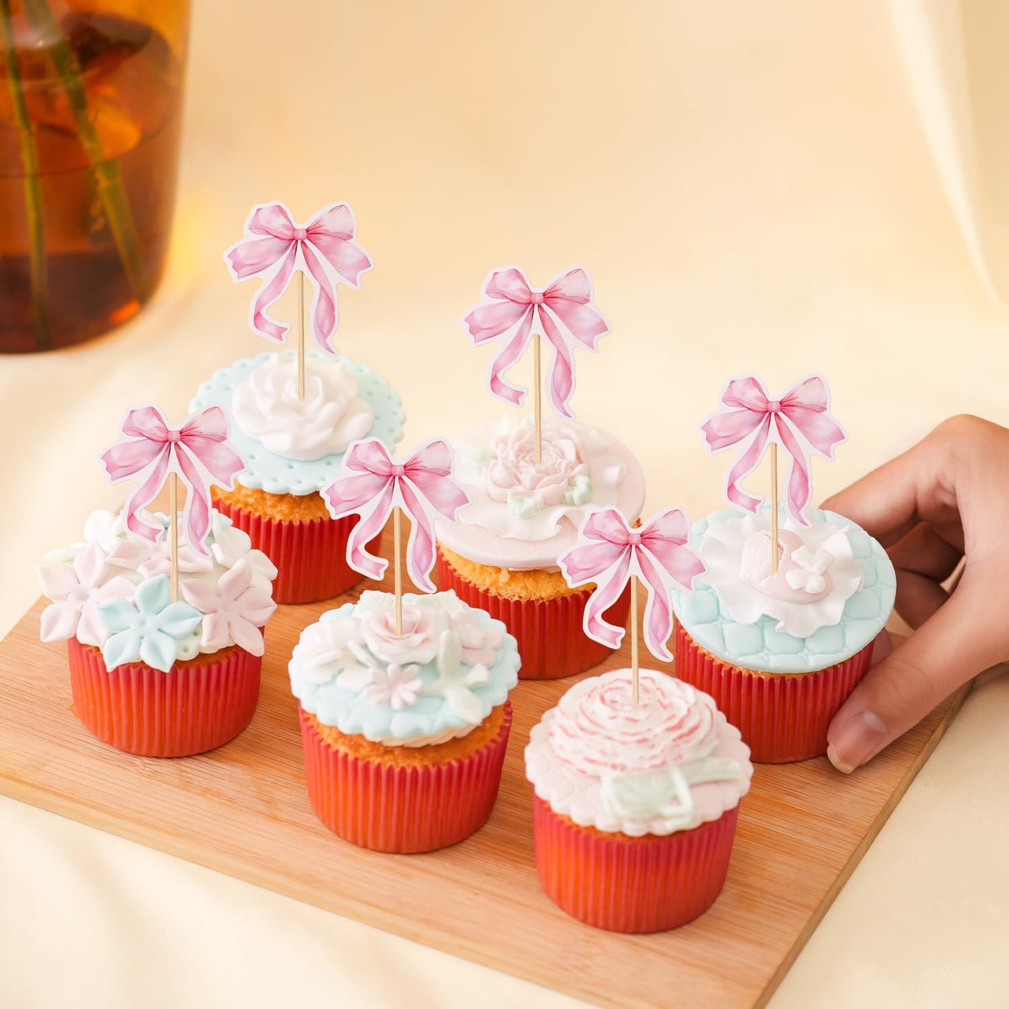 PEUTIER 24pcs Pink Bow Cupcake Toppers, Paper Bowknot Dessert Picks for Cake, Princess Girls Birthday Party, Model 18100