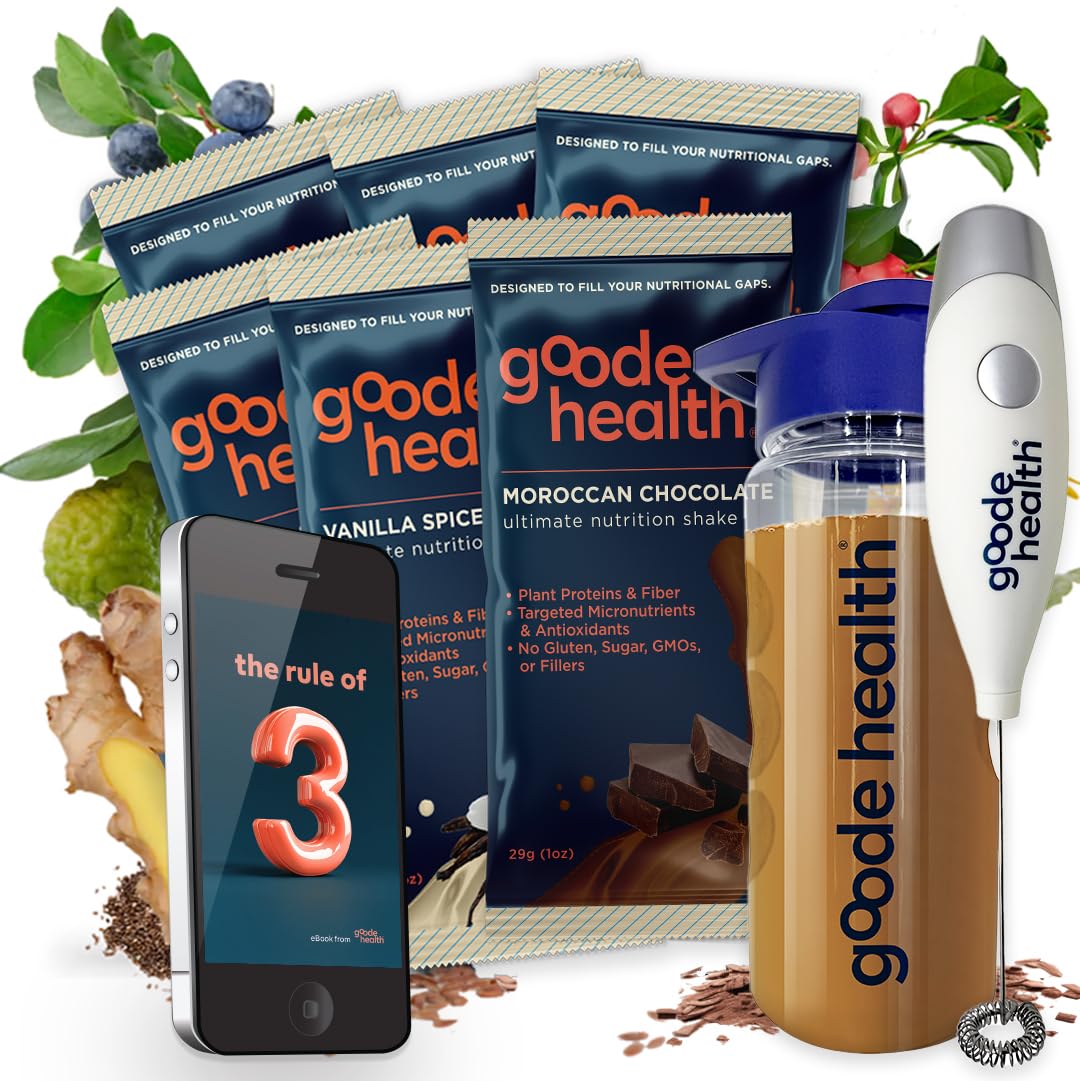 Goode Health On-The-Go Kit - Chocolate & Vanilla Spice | 6 Protein Sachets  Shaker Bottle  Frother & Nutrition Ebook | Vegan Superfood Blend | No Added Sugar