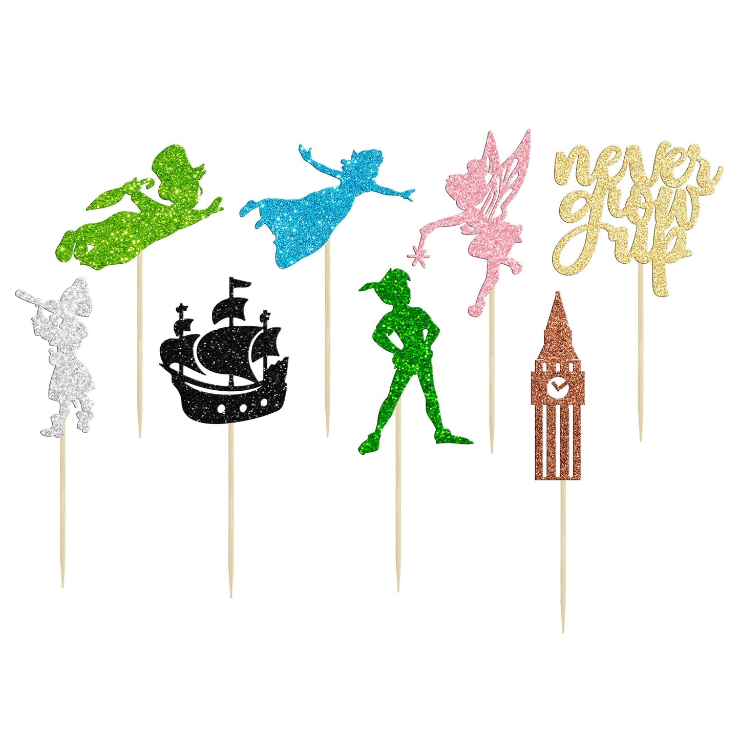 Gyufise 24 Pack Never Grow Up Cupcake Toppers Glitter Ship Neverland Elf Girl Cupcake Picks Night Fairy Tales P Pan Cupcake Deco