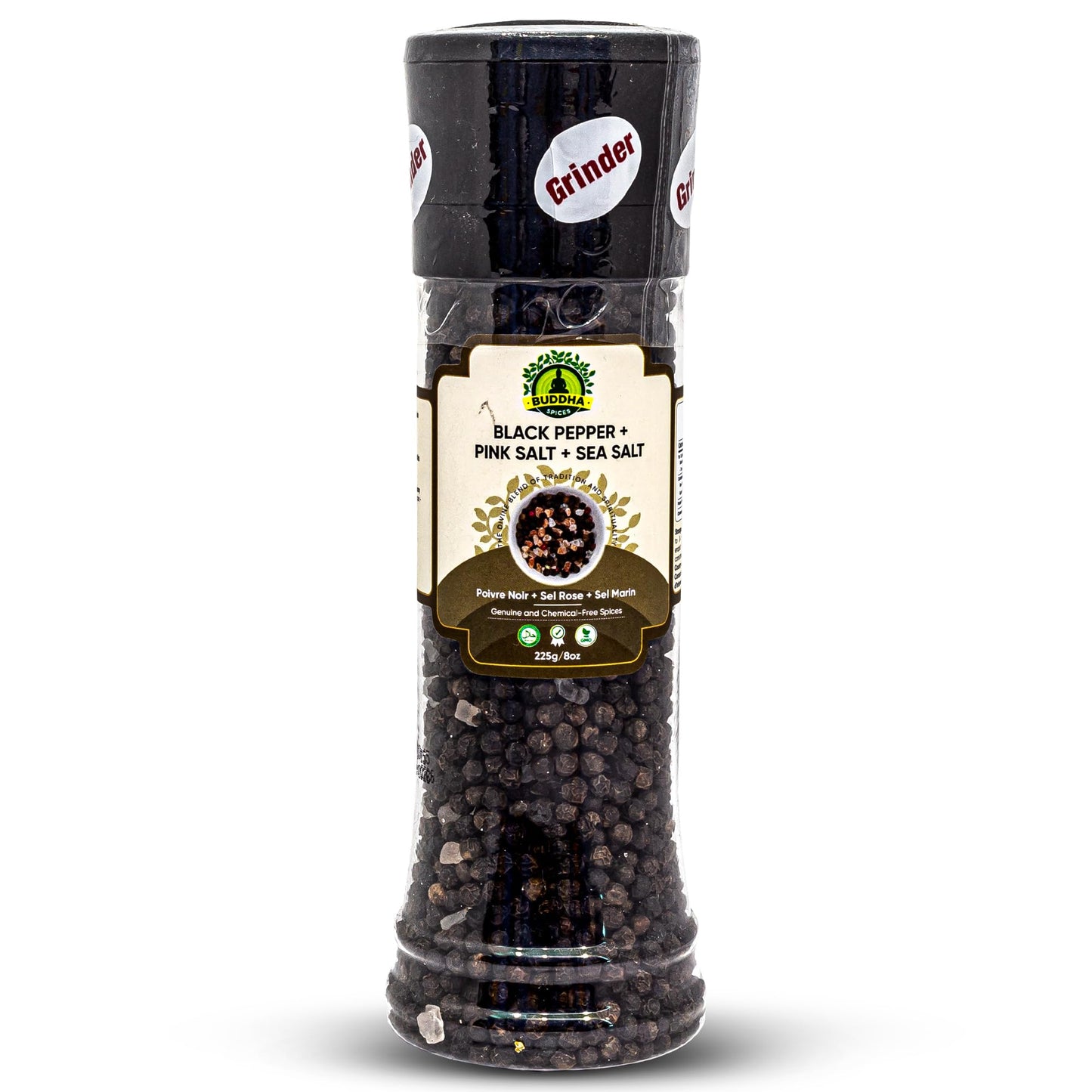 Buddha Spices Inc. Himalayan Pink Salt & Sea Salt with Black Peppercorns - 8oz (225g) Grinder