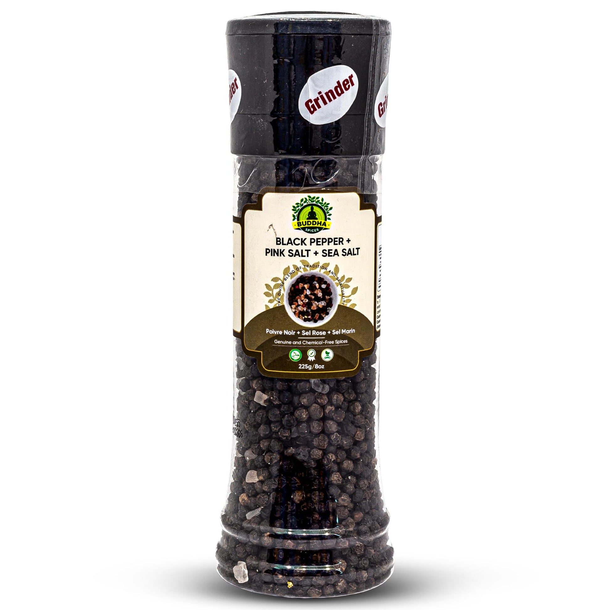Buddha Spices Inc. Himalayan Pink Salt & Sea Salt with Black Peppercorns - 8oz (225g) Grinder