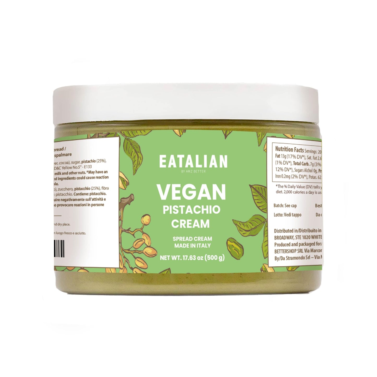 EATALIAN by AMZ BETTER Vegan Pistachio Cream, 17.63 oz/ 500 gr, Delicious vegan spread with a uniquely sweet taste, Ideal on bre