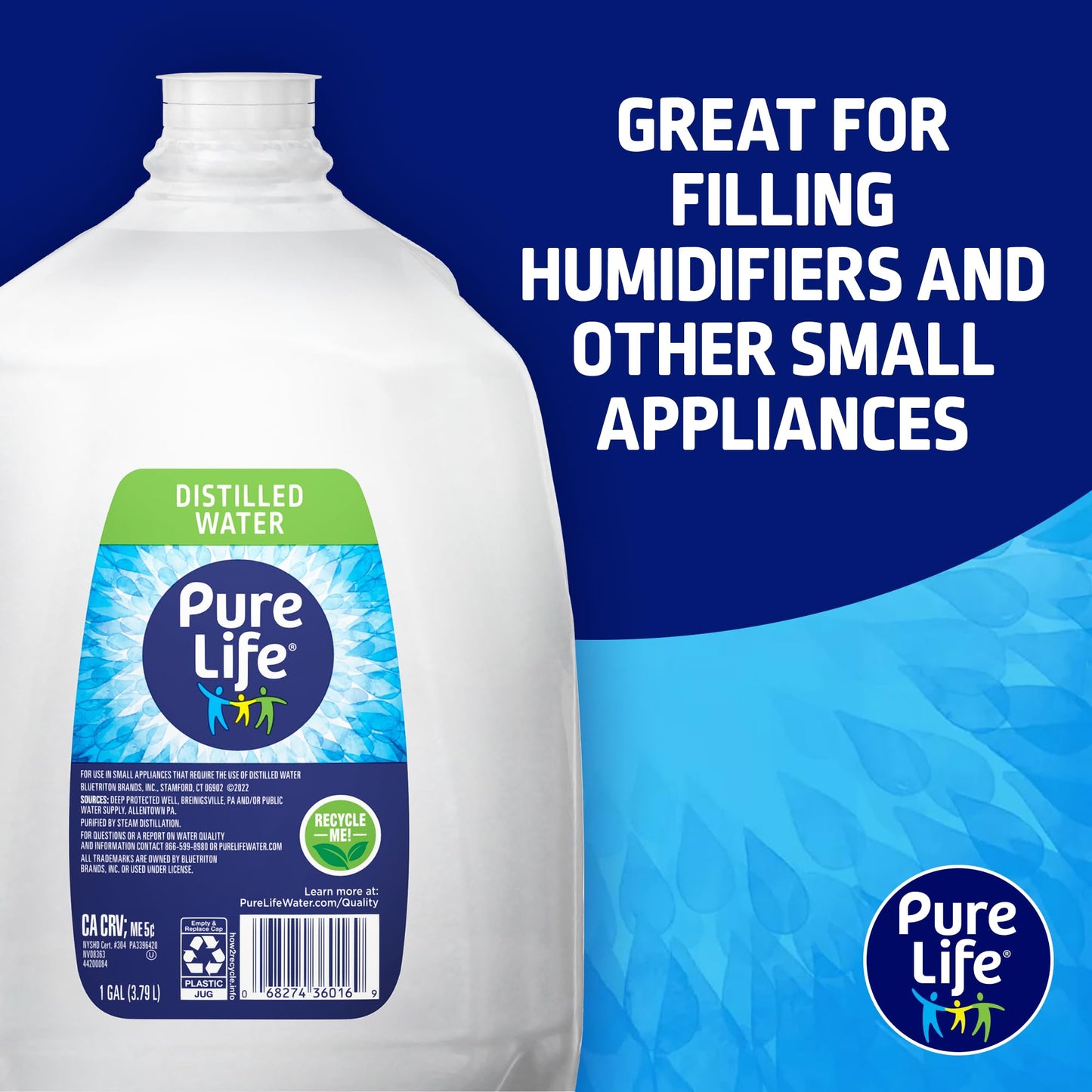 CAMEO Pure Life Distilled Water, 1 Gallon, Plastic Bottled Water 12 Bottles Of 1 Gallon Each (12 Total Gallons)