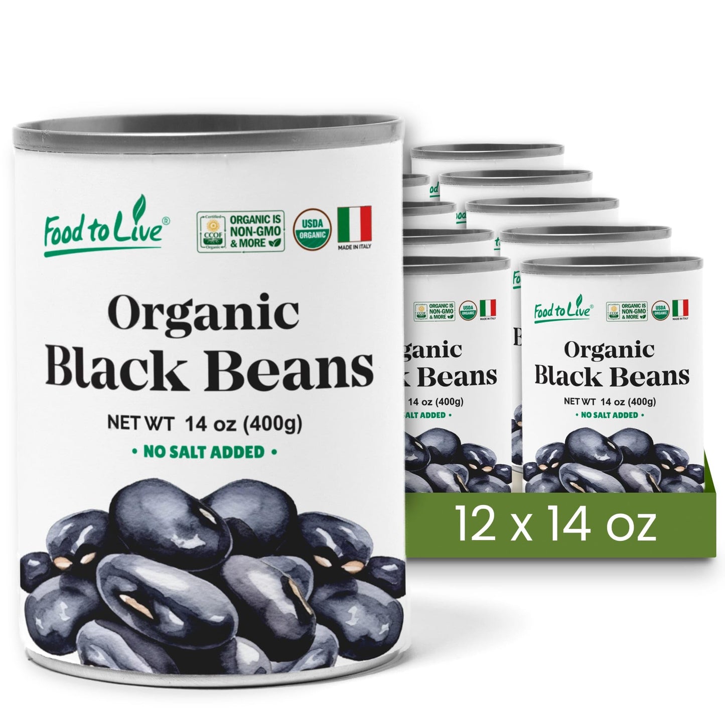Food to Live Organic Canned Black Beans, 14 oz (Pack of 12) - Unsalted Non-GMO Frijoles Negro. Perfect for Salads, Soups, Stews.