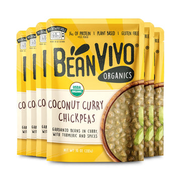 Beanvivo - Organic Coconut Curry Chickpeas Pack Of 6 (10 Oz Each) - Seasoned & Ready To Eat Plant Protein Vegan Gluten Free Micr