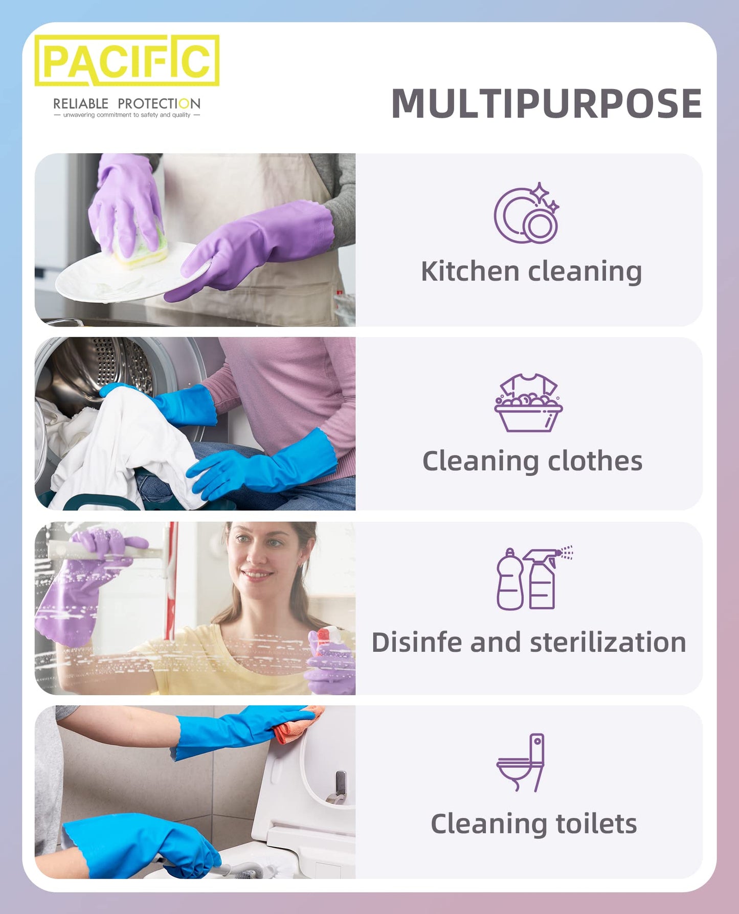 Pacific Ppe 4 Pairs Reusable Dishwashing Cleaning Gloves With Latex Free, Cotton Lining, Kitchen Gloves, Blue, Large