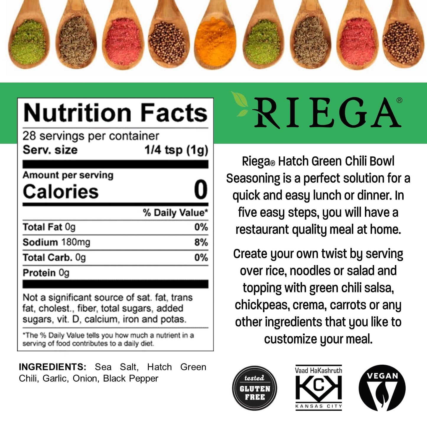 Riega Hatch Green Chili Bowl Seasoning, Authentic Hatch Green Chili Pepper Flavor to Enhance any Chili, Salad or Rice Bowl, 1 Ou