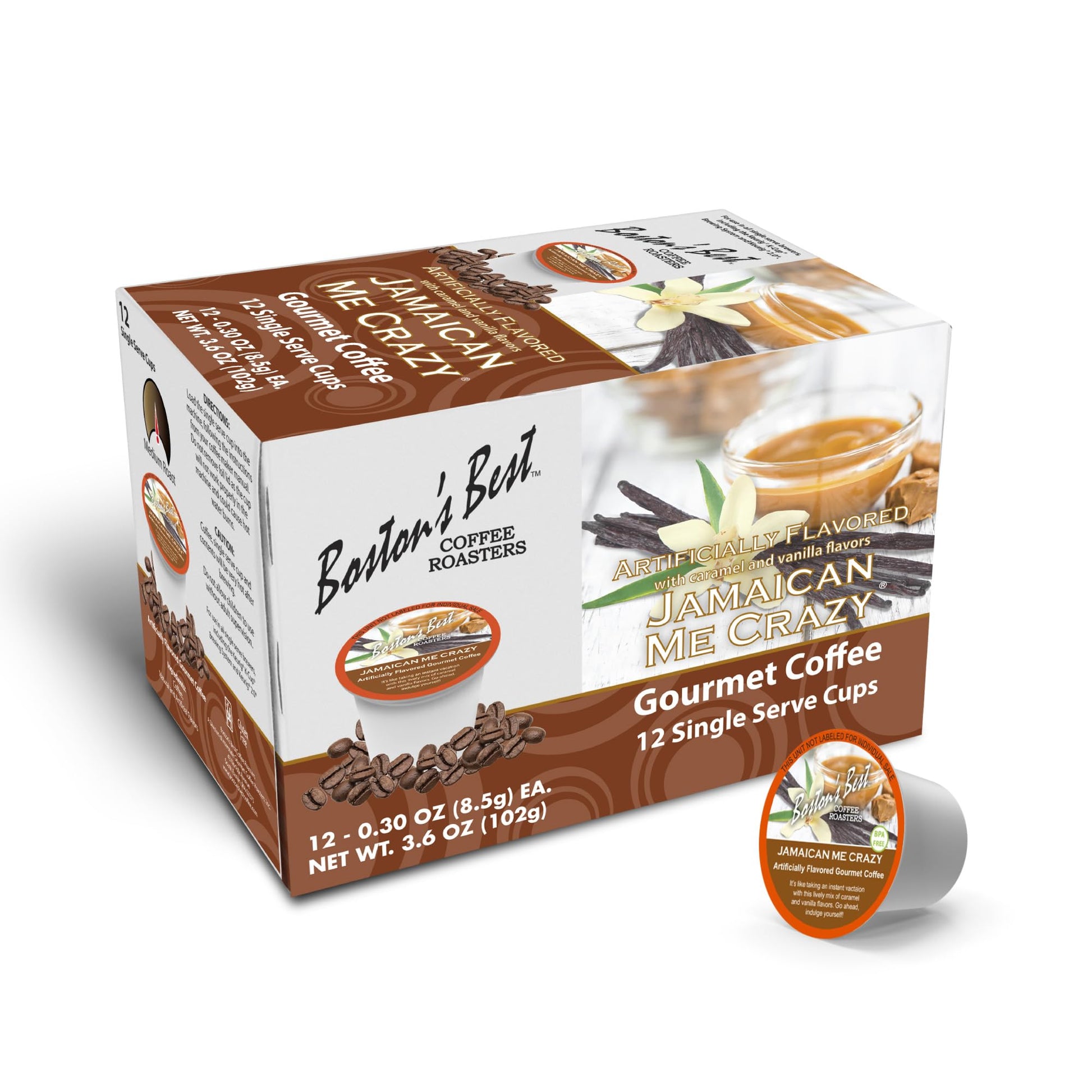 Bostons Best Jamaican Me Crazy Medium Roast Coffee, Compatible with Keurig, 12 Single Serve Cups, Model 017809009332