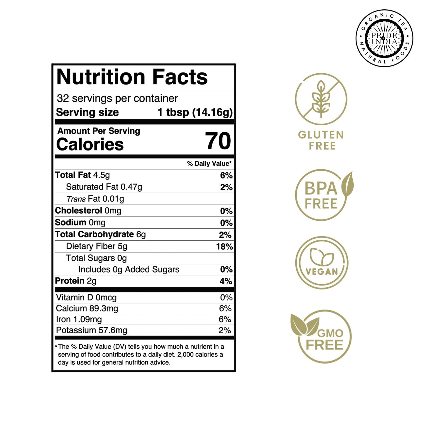 Pride Of India Premium Black Chia Seeds Powder, 1 lbs (454 gm), Mild Nutty Flavor, Freshly Milled for Baking and Thickening