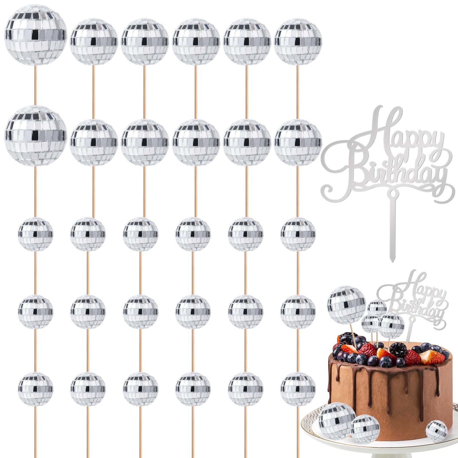 PEUTIER 31pcs Disco Ball Cupcake Toppers, Silver, Includes Happy Birthday Sign, for 70s Disco Theme Party, Model 04109