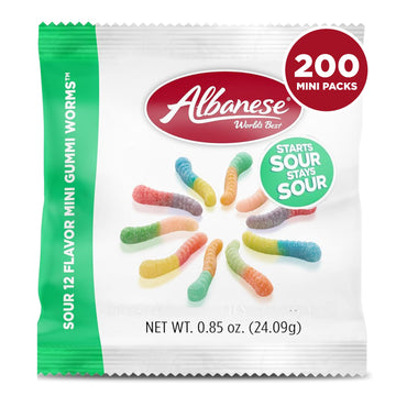 Albanese World's Best Sour 12 Flavor Mini Gummi Worm Gummies, 0.85oz Bag of Candy (Pack of 200)