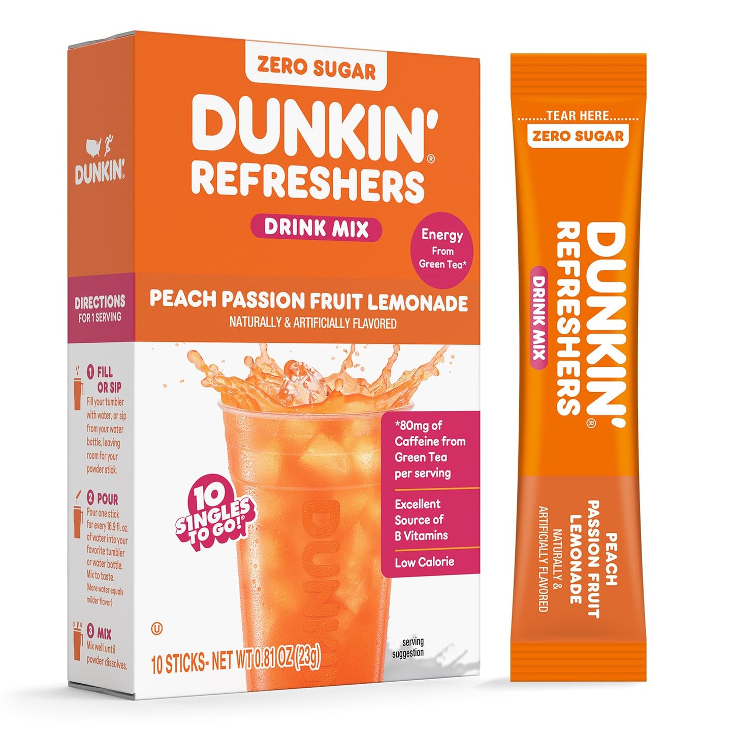 Dunkin Refreshers Singles To Go! Powdered Drink Mix Packets  Peach Passionfruit Lemonade 10 Packets Per Box Energy From Green Tea  Aspartame-Free  No Synthetic Colors  Naturally And Artificially Flavored  Just Add Water