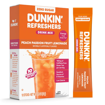 Dunkin Refreshers Singles To Go! Powdered Drink Mix Packets  Peach Passionfruit Lemonade 10 Packets Per Box Energy From Green Tea  Aspartame-Free  No Synthetic Colors  Naturally And Artificially Flavored  Just Add Water